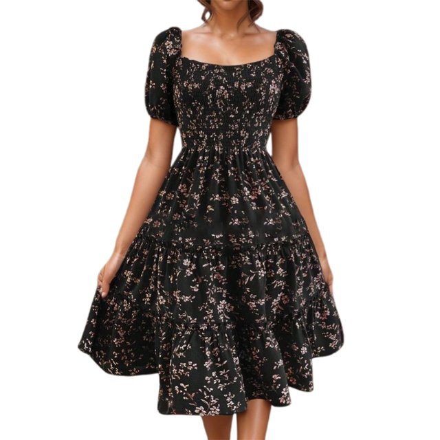 Robes d'Été Florales Décontractées Fête Col en V Manches Courtes Taille Enveloppante Volants avec Poches Robe Noire S