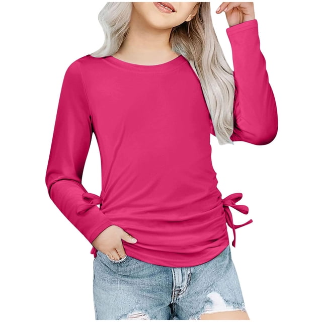 Sunnyoo T-Shirt Décontracté pour Grandes Filles Manches Longues Col Rond Nœud Froncé, Tailles 3-14