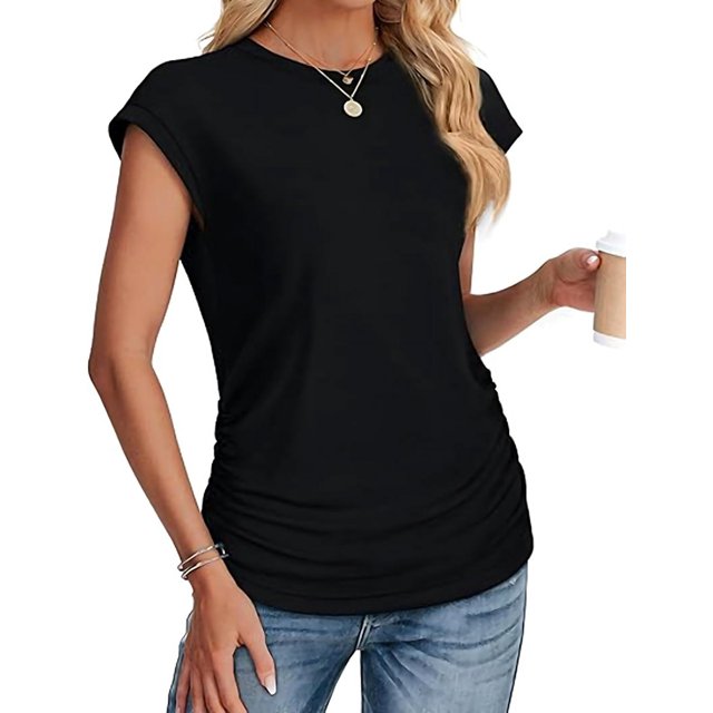 T-shirts d'Été pour Femmes Froncés à Manches Courtes Style Cap, T-Shirts à Col Rond, Mode, Noir, G
