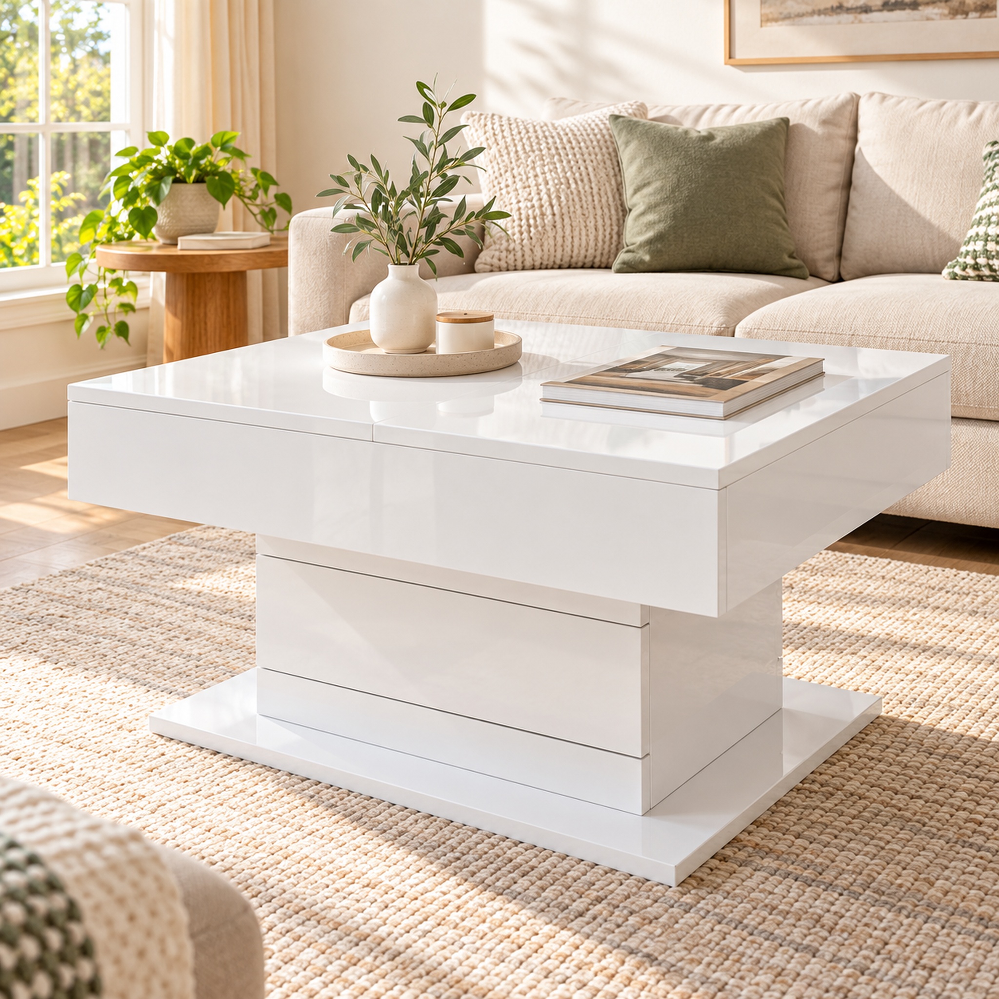 Homy Casa 27.5-Inch Square Lift-Top Coffee Table, 360° Rotating High-Gloss Top, Hidden Storage and Drawer, White and Natural Wood