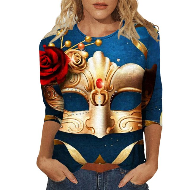 Outfmvch Chemises Mardi Gras pour Femmes, Manches 3/4 Hauts pour Femmes, Tenue Mardi Gras pour Femmes, Blouses pour Femmes, Hauts d'Entraînement pour Femmes, Tunique Graphique de Carnaval Manches 3/4 Col Rond Blouse Jaune 2TG
