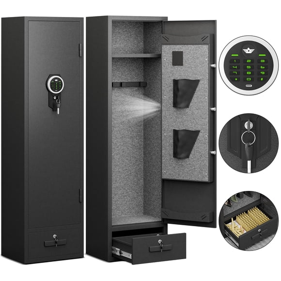 Omethey Gun Safe, Quick Access Gun Safes With Drawer, 4-5 Gun Safe For Shotgun , Removable Shelf And Bags, Digital Keypad Gun Safe With Adjustable Gun Rack