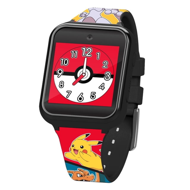 Pokemon Montre Interactive à Écran Tactile avec Caméra et Sans Jeux, Présentant un Écran Tactile Rectangulaire Noir Affichant un Cadran Analogique Pokeball Rouge et Blanc, un Boîtier en Plastique Noir et un Bracelet Ajustable Orné de Personnages Pikachu et Charizard, Idéale comme Montre Intelligente pour Enfants avec Caméra, Calculatrice et Fonctions de Podomètre.