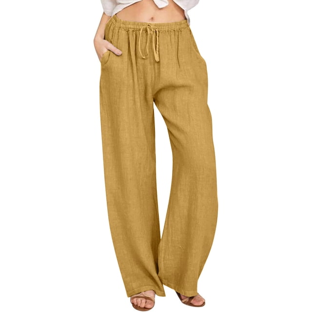 RXIRUCGD Pantalon Long Grand Décontracté pour Femmes, Couleur Unie, à la Mode et Confortable, avec Cordon de Serrage, Jaune, Taille : 2TG