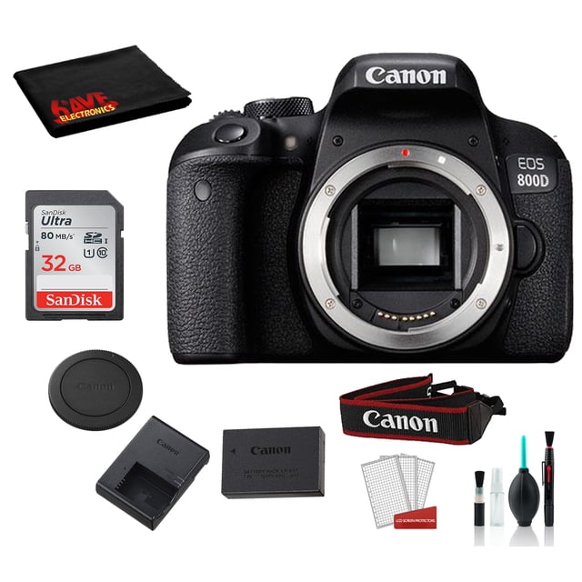 Canon EOS 800D (Rebel T7i) Ensemble d'Accessoires pour Boîtier Seulement avec Trousse d'Accessoires, Comprenant un Bloc-Piles au lithium-ion de 24,2 Mpx avec Capteur APS-C pour Appareil Photo Reflex Numérique. Comprend des Accessoires du Fabricant comme une Carte SD SanDisk de Classe 10 de 32 Go, un Stylo de Nettoyage d'Objectif, un Souffleur de Poussière, Trousse de Nettoyage de Démarrage, et Chiffon de Nettoyage en Microfibre. L'Appareil Photo Offre des Fonctions comme la Prise de Vue Continue à 6 Ips, l