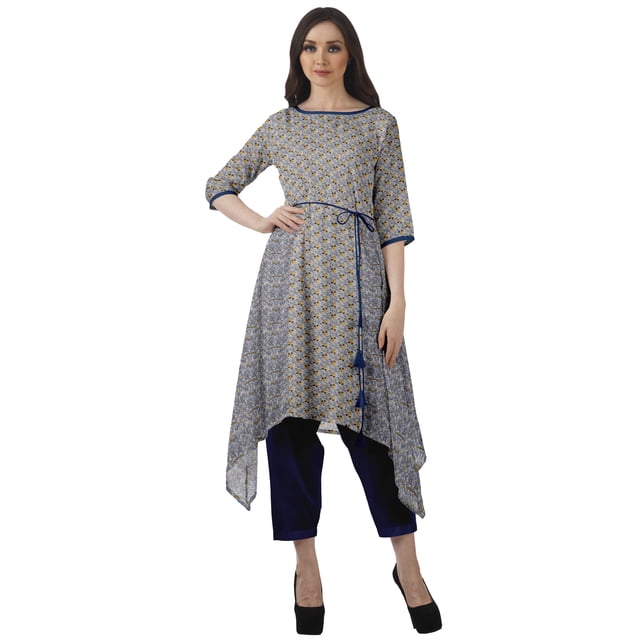 Moomaya Asymmetric Kurti With Pant Indian Tunic Tops Printed Kurti Set For Women