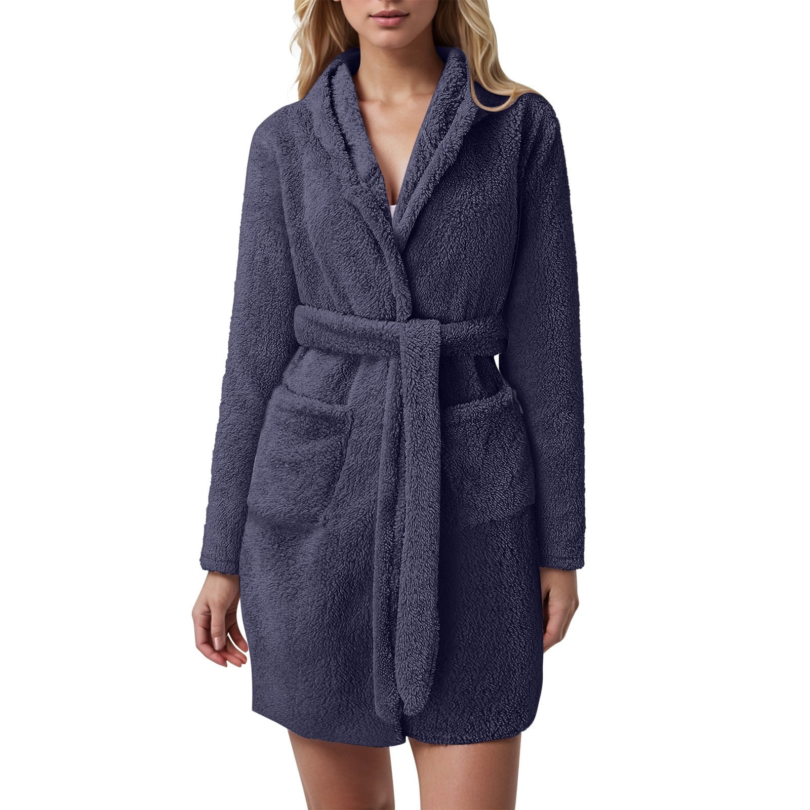 Refurbished Lojoutye Women Hooded Fleece Bathrobe, Lightweight Soft Plush Flannel Sleepwear, H-Navy, L
