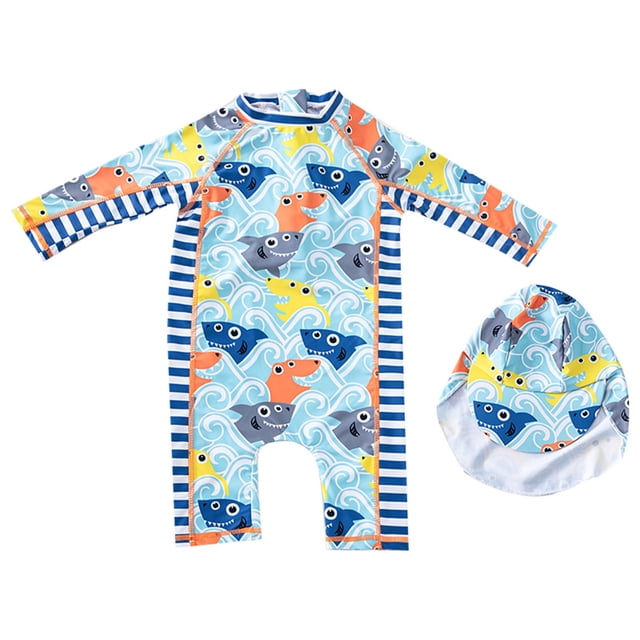 Sunnyoo Toddler Boys Long Sleeve Rash Guard Bathing Suit Shark Print One-Piece Swimsuit Hat