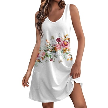 Pisexur Robe d'Été pour Femme, Plage, Décontractée, Sans Manches, Midi, Imprimé Floral, Débardeur, Ample, Robe Soleil avec Poche, P-2TG