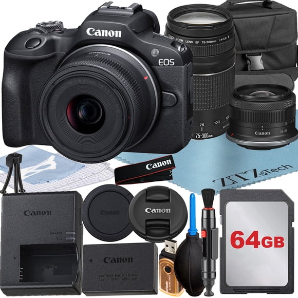 Canon EOS R100 Mirrorless Camera with RF-S 18-45mm + EF 75-300mm Lens + SanDisk 64GB Memory Card + Case + ZeeTech Accessory Bundle