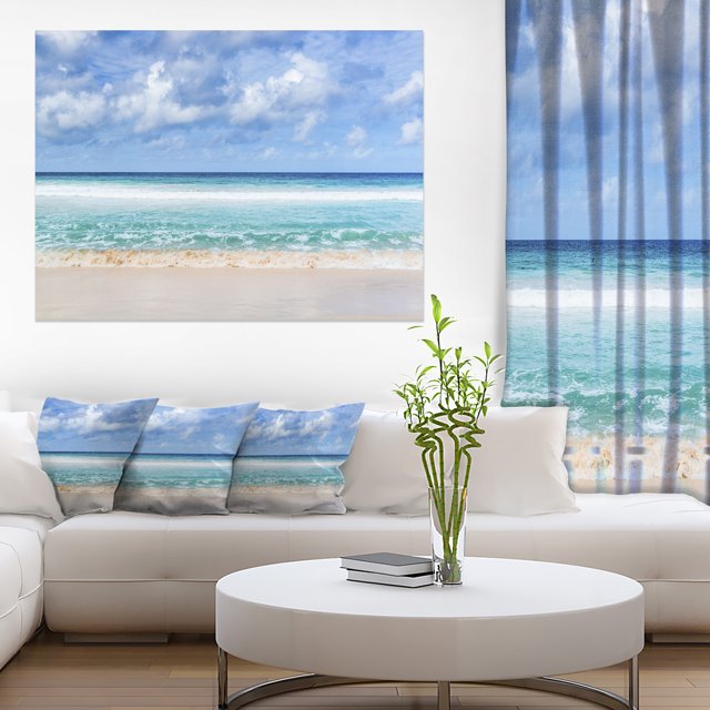 Tranquil Beach under White Clouds - Modern Seascape Canvas Artwork
