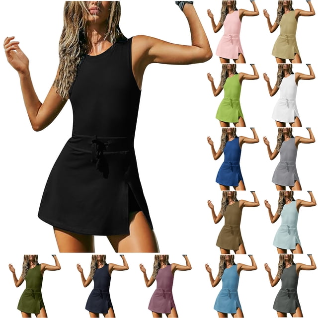 Vente de Rentrée! QATAINLAV Robe de Tennis avec Shorts pour Femmes Été Sans Manches Entraînement Golf Robes Dos Ouvert Combinaison Athlétique Barboteuses Robe-Skort Bleu Clair TTG
