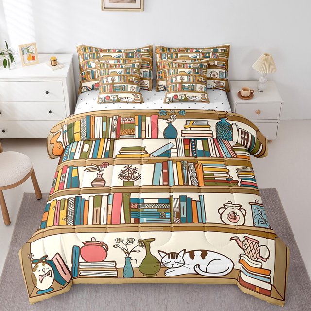 YST Bookshelf 7 Piece Comforter Set,Cartoon Bookcase Bedding Set Queen Size,Cartoon Cat Bed in a Bag,School Library Flat Fitted Sheet,Academic Books Soft Reversible Bed Set