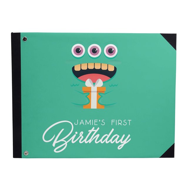 Darling Souvenir Green Monster & Gift Box Personalized Printed Birthday PartyGuestBookHardbound Cover Sign InBookRegistry Scrapbook-9 x 12 Inches