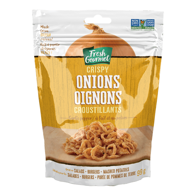 Fresh Gourmet Garlic Pepper Crispy Onions in a 99 g resealable bag featuring a large onion image and bilingual English-French text, showing golden-brown crispy fried onion rings seasoned with garlic and pepper, ideal as a crunchy topping for salads, burgers, and mashed potatoes.