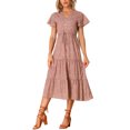 thumbnail image 2 of INSPIRE CHIC Robe Bohème d'Été pour Femme Décontractée à Manches Courtes, Col en V, à Volants, Midi à Fleurs, Rouge, TP, 2 of 5