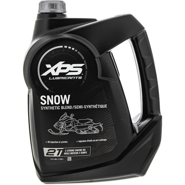 BRP XPS Ski-Doo 2T Snowmobile Synthetic Blend Oil in a 1-gallon container. The black jug features a sturdy handle and a secure gray cap. The label highlights its compatibility with 2-stroke snowmobiles, supporting oil injection or pre-mix systems, and emphasizes benefits like low smoke emissions and enhanced engine protection. Designed for BRP models, it ensures optimal lubrication and cleanliness for carbureted or electronic fuel injection engines.