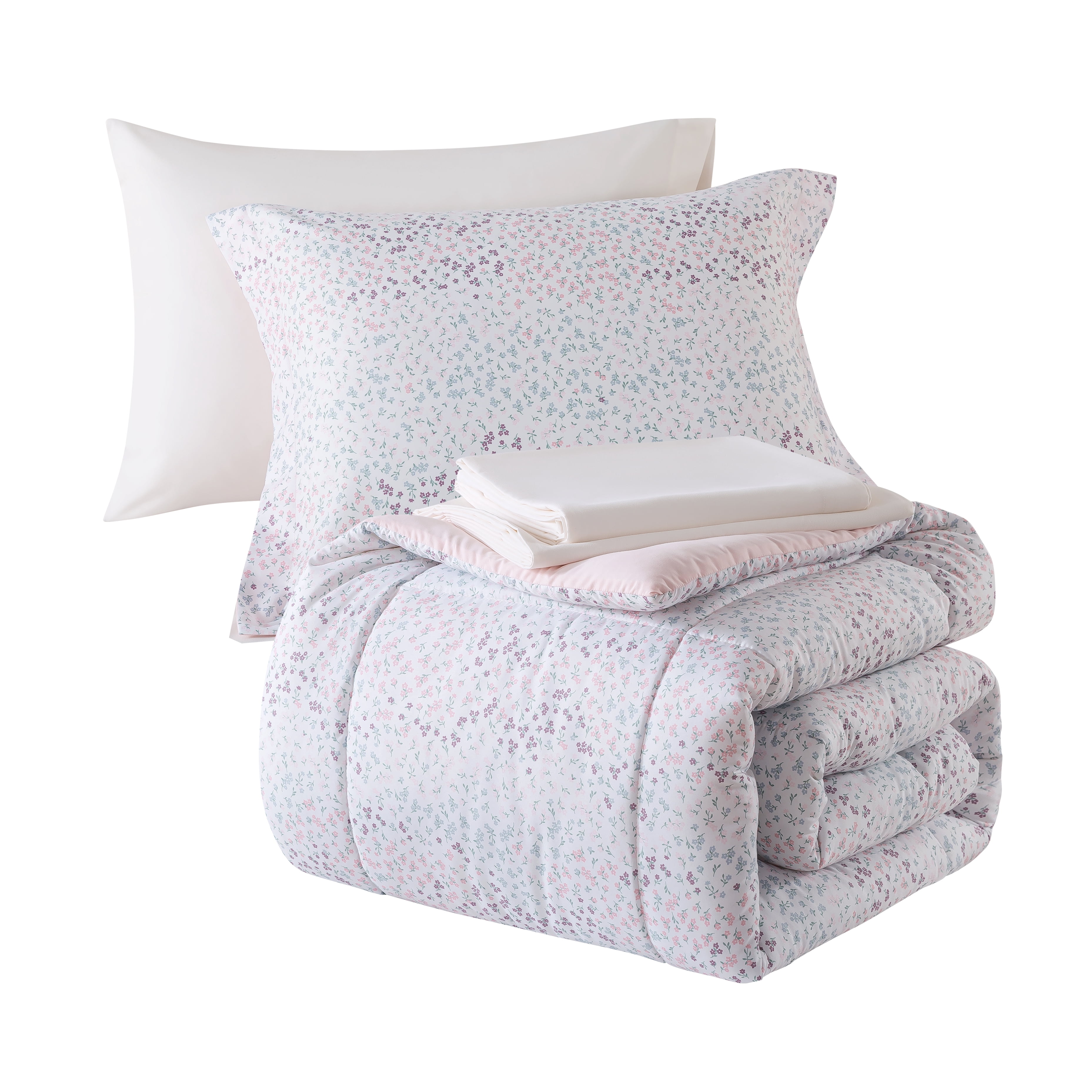 Mainstays – Ensemble de literie tout-en-un réversible avec couette et draps, 5 pièces, format simple très grand (Twin XL), rose blush