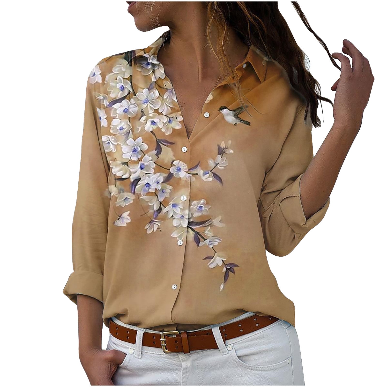 PEZHADA Liquidation d'Économies d'Automne Chemisiers à Manches Longues pour Femmes Imprimé Floral Col en V Col Rabattu Cardigan à Boutons Hauts Brun