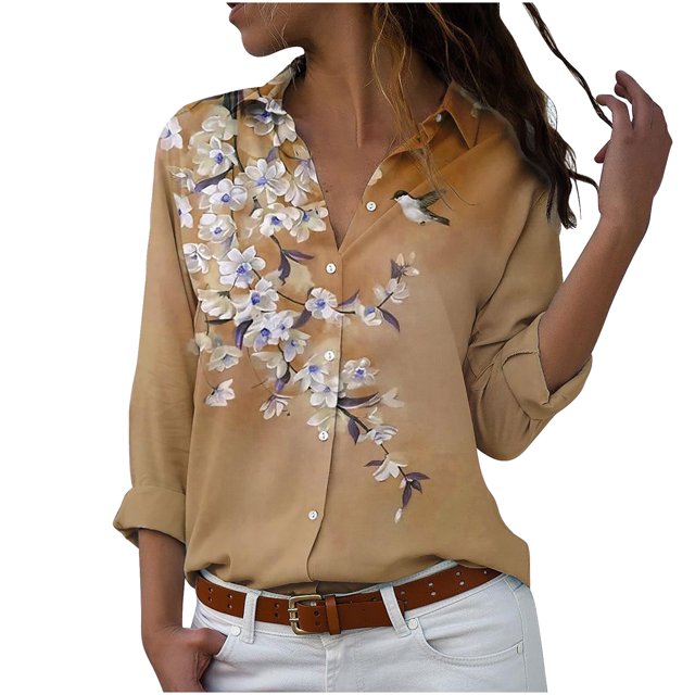 PEZHADA Liquidation d'Économies d'Automne Chemisiers à Manches Longues pour Femmes Imprimé Floral Col en V Col Rabattu Cardigan à Boutons Hauts Brun