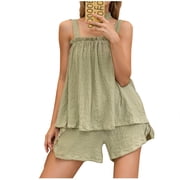 Womens Pajama Sets on Clearance Womens Matching Pajama Baggy Wide Leg Sleep Shorts Sets Summer Holiday Sleepwear Casual Cotton Night Wear Sets Sleepwear for Women New Green XL