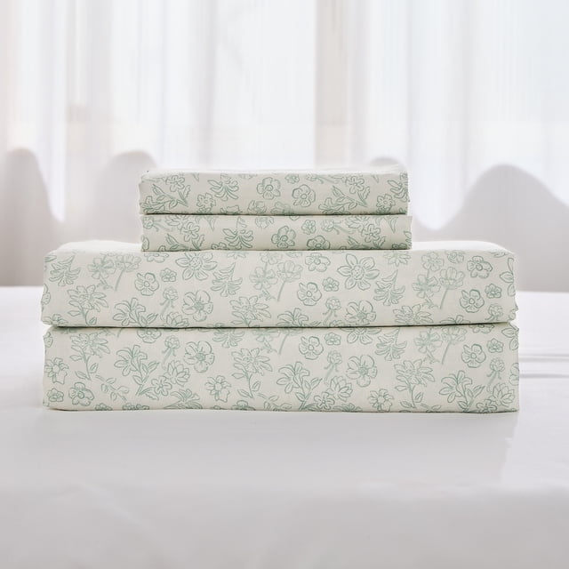 Gogreen 3PC Deep Pocket Twin Sheet Set featuring a flower sketch pattern in soft green on a white background. Includes a flat sheet, fitted sheet, and pillowcase made from 90GSM breathable microfiber fabric. Designed for mattresses up to 16 inches deep, this hotel-style bed sheet set is fade-resistant, wrinkle-resistant, and machine washable. Suitable for all seasons and ideal as a gift for men, women, or kids.