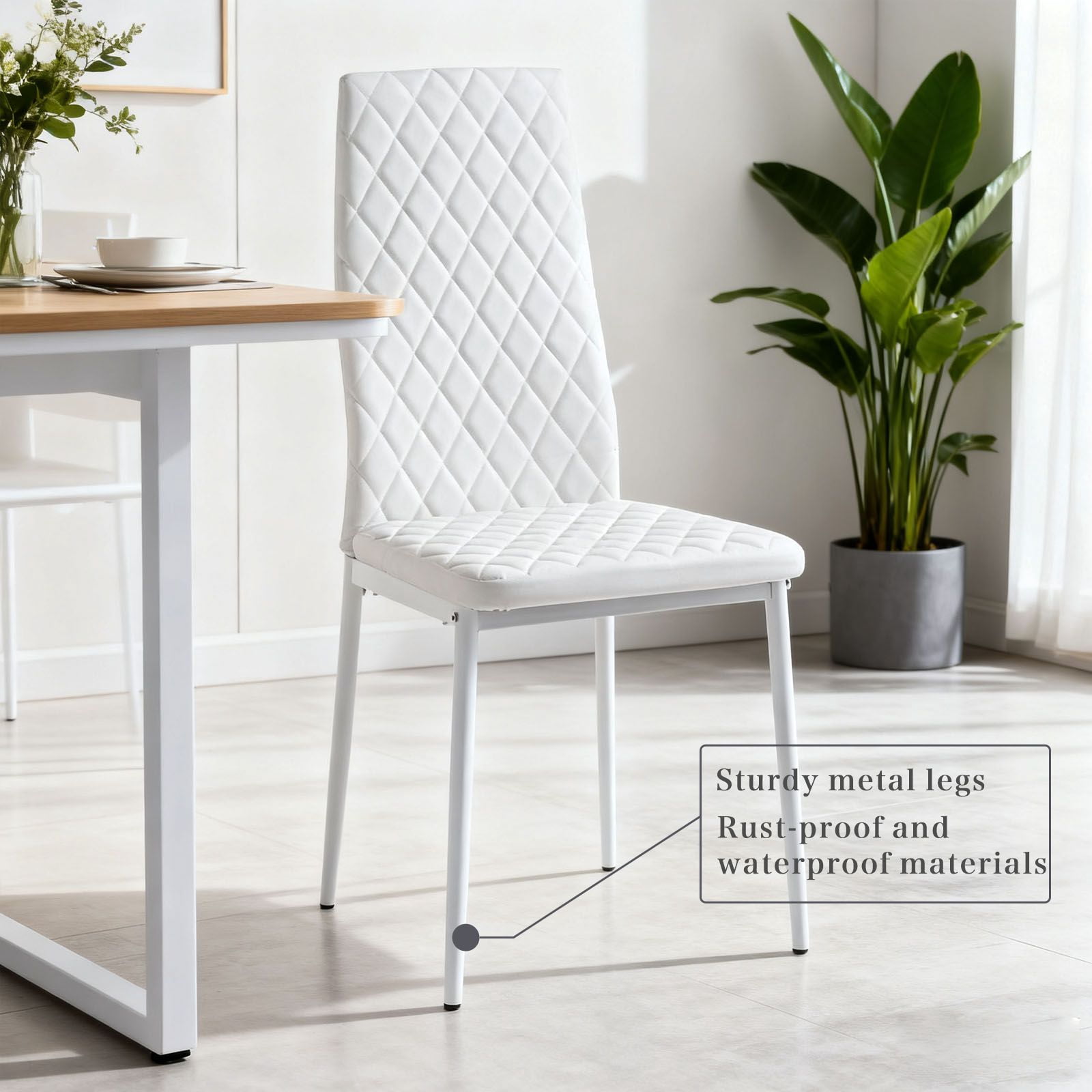 Noble House Modern Dining Chair Set of 4, Fireproof Leather Upholstery with Diamond Grid Pattern and Metal Frame,White