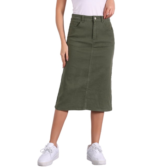 INSPIRE CHIC Women's Denim Skirts High Waist Zipped Split Back Midi Jean Skirts with Pockets Army Green L