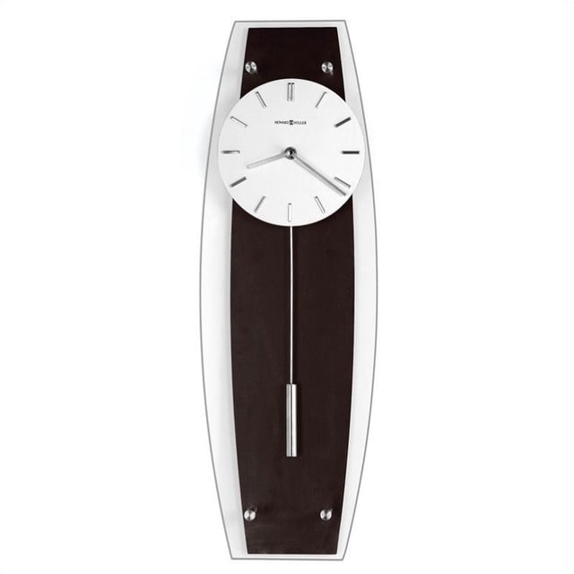 HOWARD MILLER CYRUS WALL CLOCK 625401 featuring a modern design with a Wenge look and black coffee-finished back panel. The clock has a white dial with nickel-finished raised hour markers and straight hands, covered by flat glass. A cylindrical pendulum in polished nickel finish adds a contemporary touch. Suitable for various indoor spaces such as kitchens, offices, or living rooms. Powered by quartz movement and requires one AA battery.