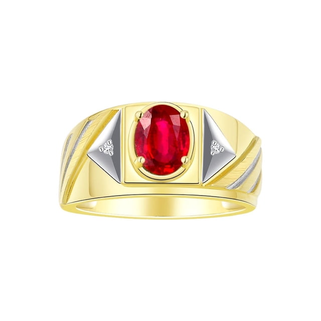 RYLOS Men's Rings 14K Yellow Gold Ring Classic Designer Style 8X6MM Oval Gemstone & Diamond Ring Ruby July Birthstone Rings For Men Size 10