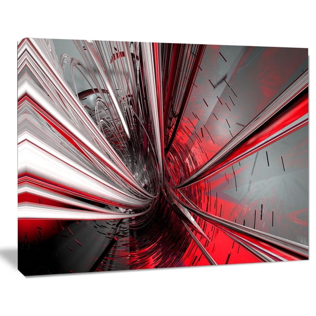 Design Art Fractal 3D Deep into Middle Abstract Art Canvas Art Print, a 20 by 12 inch gallery wrapped canvas featuring a 3D fractal abstract design in red, black, and silver tones, printed on high-quality cotton canvas with a solid 1-inch wood subframe, ready to hang with included hardware, designed and made in Canada, suitable for modern home or office wall décor.
