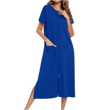 KIHOUT Women's Zipper Robe Short Sleeve Housecoats Full Length Solid Nightdress Loungewear Long Nightgown with Pockets