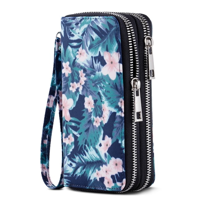 Womens Double Zipper Wallet Clutch Purse Cellphone Long Wallet with Removable Wristlet