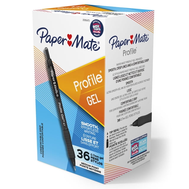 Paper Mate Profile Gel Pens, Medium Point (0.7 mm), Retractable, Black Ink, 36 Count box with white, blue, and orange accents and one black gel pen displayed on the front. The packaging highlights smooth gel ink, effortless writing, and a soft comfort grip suitable for office and school use.