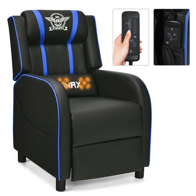 Gymax Fauteuil Inclinable de Jeu avec Massage, Fauteuil de Course Simple, Sofa Lounge, Siège de Cinéma Maison, Bleu