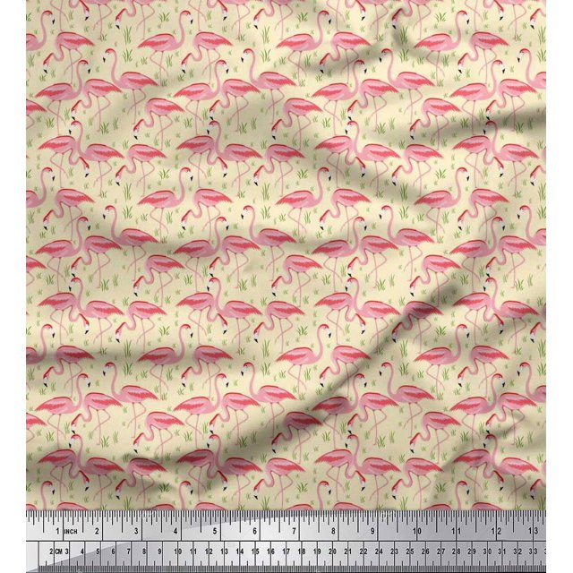 Soimoi Moss Georgette Fabric Grass & Flamingo Bird Print Fabric by Yard 42 Inch Wide