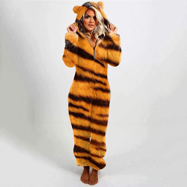 Combinaison Pyjama Unisexe Adulte Léopard à Capuche avec Fermeture Éclair Manches Longues en Peluche