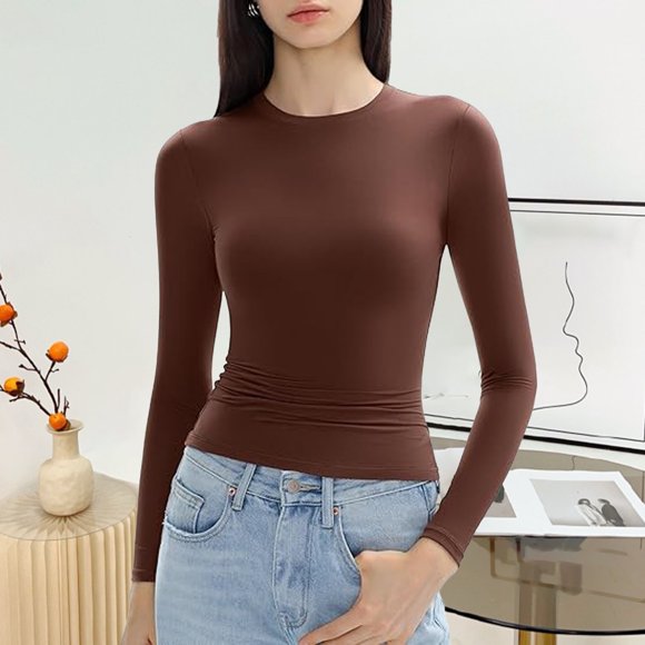 Women’s Slim Long Sleeve Round Neck Crop Top Tee Shirt Basic Solid Tight Fit Cropped Workout Yoga