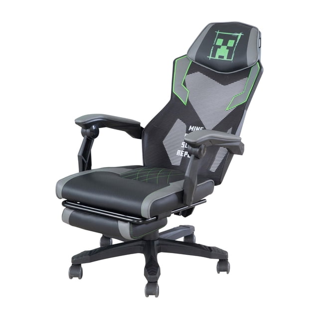 Minecraft Chaise de Jeu à Hauteur Réglable en Gris et Noir avec Dossier Haut et Motif de Visage de Creeper, Accoudoirs Rembourrés, Repose-Pieds Extensible, Mécanisme à Bascule, Pivotement à 360 Degrés et Cinq Roulettes pour Jeux Ergonomiques Ou Usage au Bureau, Convient Aussi aux Longues Séances de Travail.