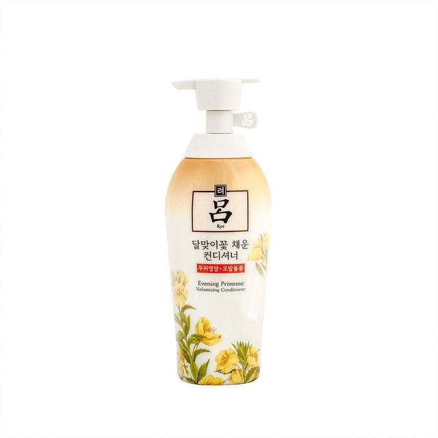 Ryo Evening Primrose Scalp and Volume Conditioner 500 mL pump bottle with beige to white gradient and yellow evening primrose flower illustrations, formulated to treat damaged hair and enhance scalp volume, part of the organic Ryo perfumed haircare line suitable for scalp and hair treatments.