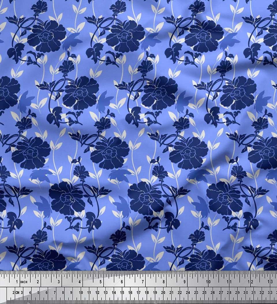Soimoi Blue Velvet Fabric Leaves,Insect & Floral Artistic Fabric Prints by Yard 58 Inch Wide