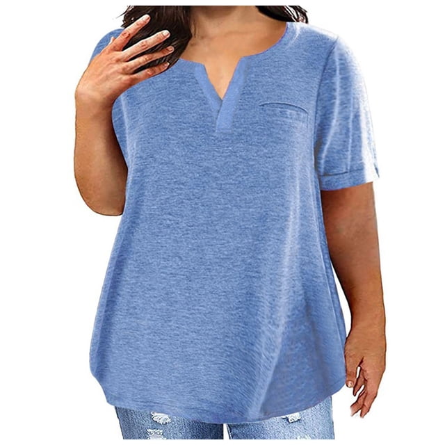 2025 Ladies Top V Neck Plus Size Spaghetti Strap Top Solid Color Short Plus Size Scrub Tops Sleeve Pocket Loose T Tops Women Plus Size