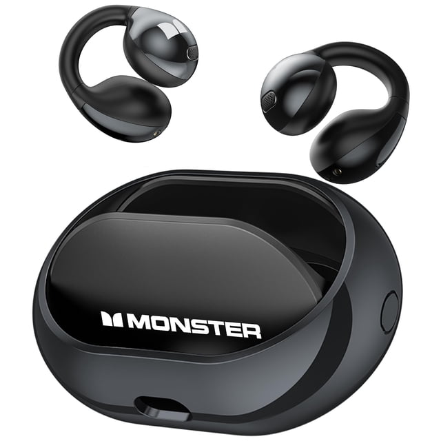 Monster Écouteurs Sans Fil Écouteurs à Clip Bluetooth 5.4 Oreillette Étanche Écouteurs Sans Fil à Réduction de Bruit IA Écouteurs Sans Fil, Noir. l'Image Montre une Paire d'Écouteurs à Clip Noirs avec un design Épuré et Ergonomique et un Étui de Recharge compact Doté d'Un Anneau Étoile Rotatif. les Écouteurs Sont Faits d'Un Matériau en silicone Doux pour la Peau et Offrent des Fonctionnalités Avancées comme la Connectivité Bluetooth 5.4, la Réduction de Bruit IA et l'Étanchéité IPX5. l'Étui de Recharge Affiche de Façon Prééminente le logo Monster