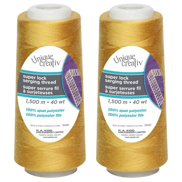 UNIQUE CREATIV TRULOCK Surjetant Thread en Or, polyester 100 % Filé, 40 wt, Cône de 1500 m pour machines overlock, Présenté en Deux Bobines avec Dessus en Plastique Blanc et Étiquettes Présentant des Détails sur le Produit et un Échantillon de Surjet Violet, Idéal pour les Coutures, Ourlets et Finitions de Bord sur Tricots et Tissés.