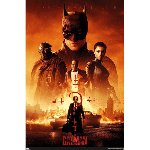 DC Comics Film The Batman - Affiche Murale d'Une Feuille, 22,375 Pouces x 34 Pouces Encadrée Représentant la silhouette de Batman en Arrière-Plan avec Trois Personnages en Tenue Sombre à l'Avant, Dont un Homme en long Manteau Tenant un Sac Près d'Une Voiture en Feu. l'Affiche orange Ardente Présente des Symboles de Point d'Interrogation Rouges et la phrase « Démasque la Vérité » en Haut, Ce Qui en Fait une Oeuvre Murale