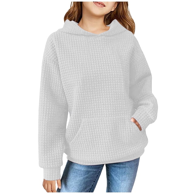 FAOWME Child Solid Color Hooded Silk Checked Tops Coat White 5-6 Years