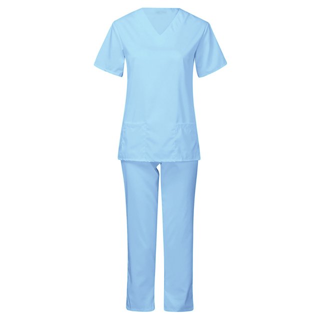 Penkiiy Women's V-Neck Short Sleeved Scrub Set, Light Blue, XL
