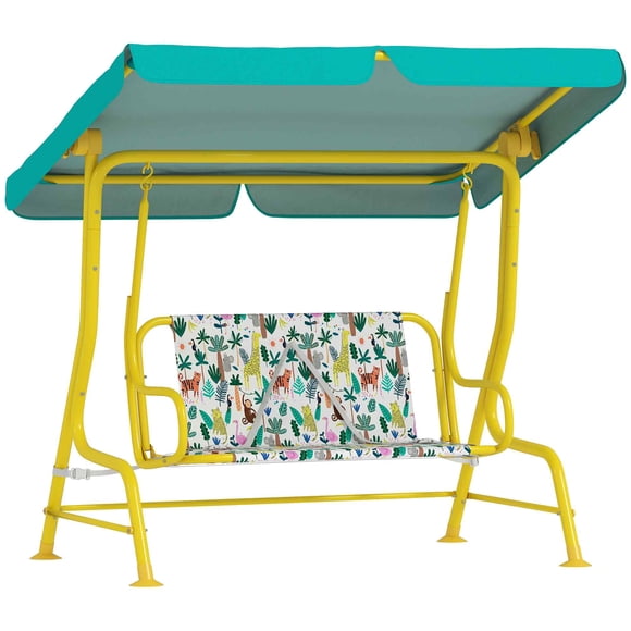 Qaba Kids 2-Seater Porch Swing with Seat Belts, Adjustable Canopy, Green