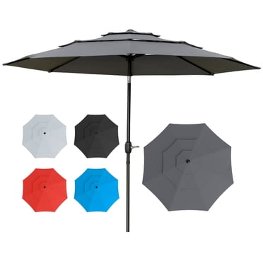 Outsunny Parasol de Patio 9 Pi à 3 Niveaux, Parasol de Marché Extérieur avec Manivelle, Inclinaison à Bouton-Poussoir pour Terrasse, Cour Arrière et Pelouse, Gris Pâle