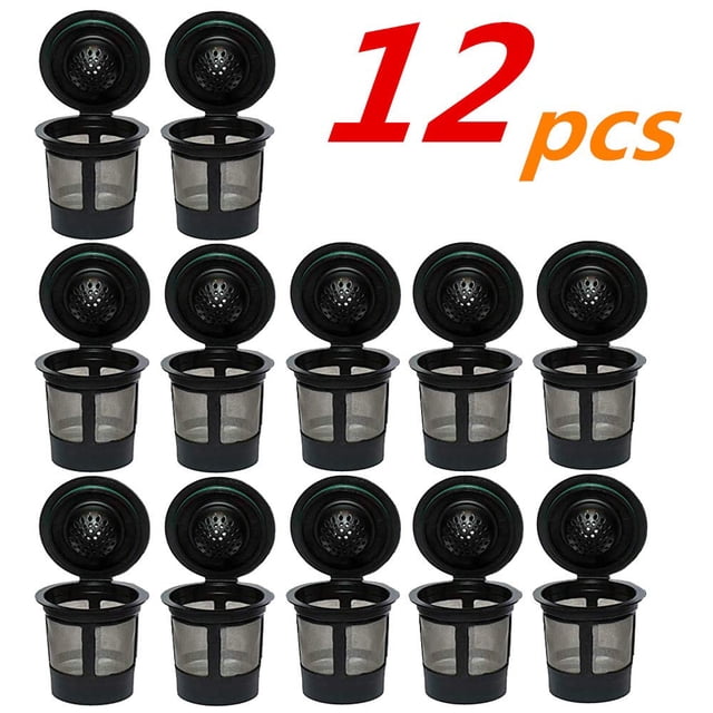 Tasses K Réutilisables, Lot de 12 Filtres à Café Réutilisables avec Maille en Acier Inoxydable, Compatibles avec les Cafetières Keurig 1.0 et 2.0. Ces Dosettes de Café Écologiques Présentent un Corps en Plastique durable Sans BPA et une Maille en Acier Inoxydable de Haute Qualité pour une Infusion Optimale. l'Image Montre 12 Tasses K Réutilisables Noires et Argentées avec Couvercles Ouverts, Disposées en Grille. Conçus pour une Utilisation et un Nettoyage Faciles, Ces Filtres Aident à Réduire le Gaspillage et Vont au Lave-Vaisselle.